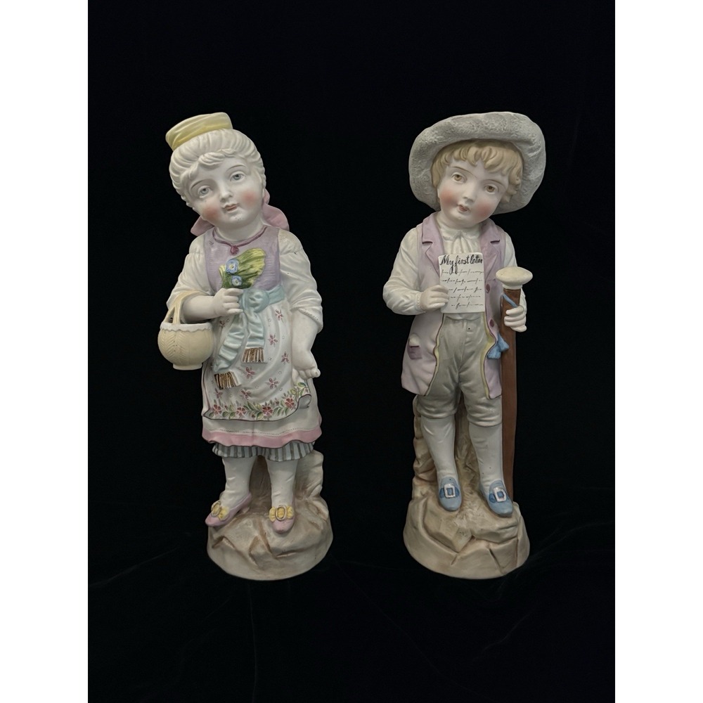 Antique German Bisque Porcelain Figurine Pair Boy Girl 13.5" Marked 4730 Heubach